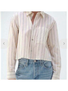 AMO Denim Ruth Crop Shirt Striped Button Down Top M Women
